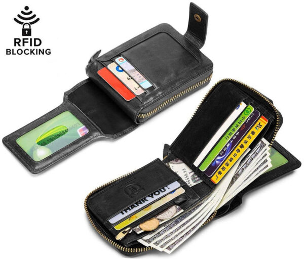 Bullcaptain  BULLCAPTAIN Leather Mens RFID Blocking Wallet Zipper Bifold Wallets - Image 9