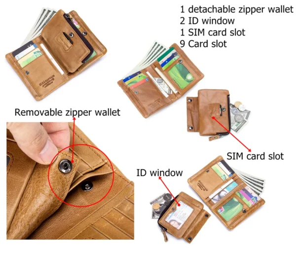 BULLCAPTAIN Men’s Genuine Leather Wallet Bifold Zippers Purse - Image 6