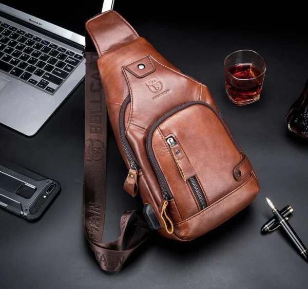 BULLCAPTAIN Leather Men Sling Bags Travel Crossbody Chest Bag Hiking with USB Charging Port - Image 7